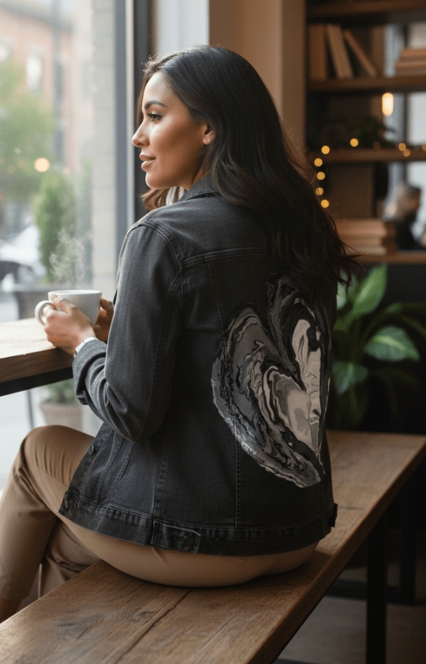 HEART MARBLE by RaMir DESIGNS, printed on denim jackets and other denim products: tote bags, throw pillows, table place mats, aprons