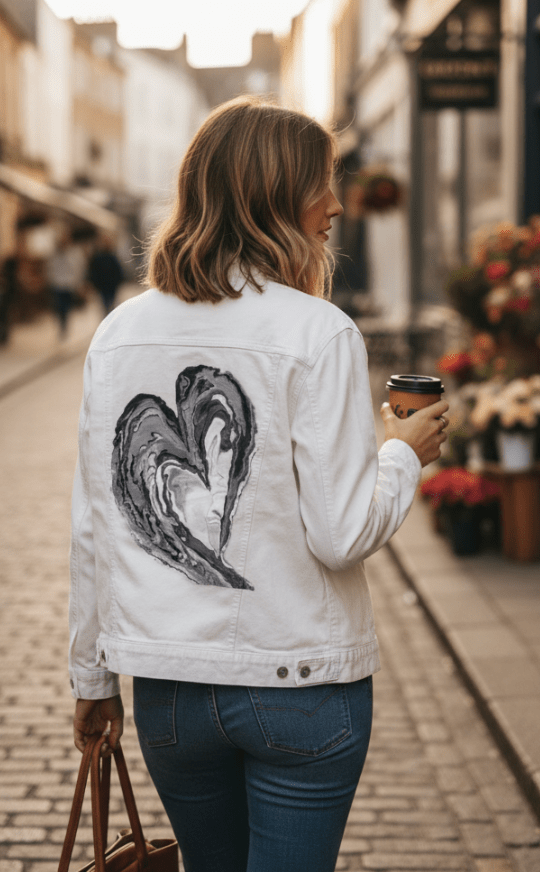 HEART MARBLE by RaMir DESIGNS, printed on denim jackets and other denim products: tote bags, throw pillows, table place mats, aprons