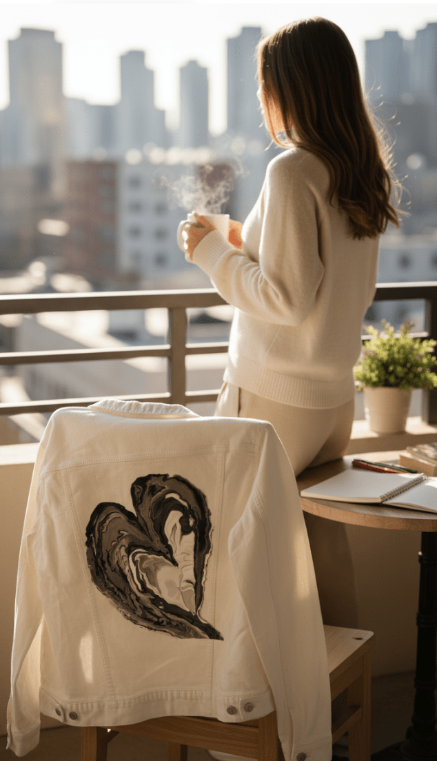 HEART MARBLE by RaMir DESIGNS, printed on denim jackets and other denim products: tote bags, throw pillows, table place mats, aprons