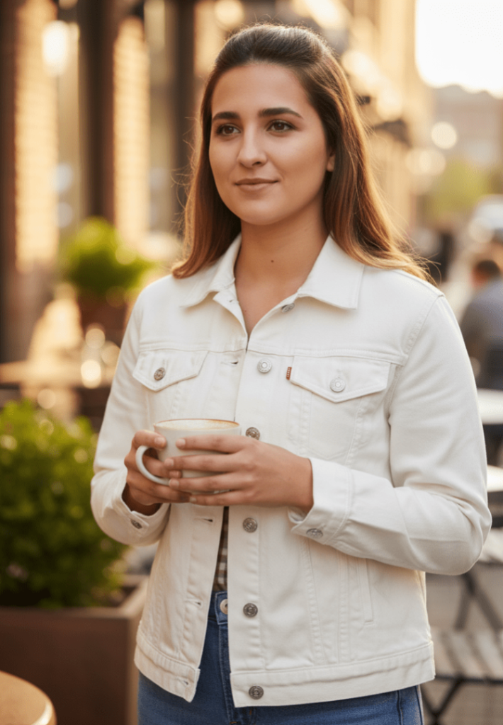 outdoor photo of a model standing in a public park with short grass and buildings in the background. the model is wearing a stonewashed denim jacket with a white t-shirt underneath, adjusting the cuff with both hands. the scene is overcast, giving the image a soft, neutral tone.