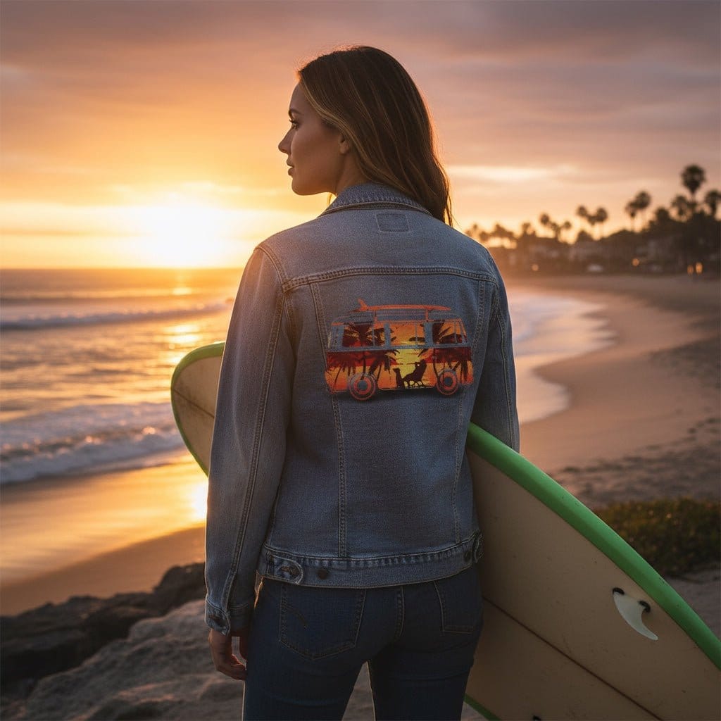 HIT THE ROAD by GRANT SHEPLEY, digitally printed on DENIM products: throw pillows, aprons, table place mats, and hand-crafted Unisex Denim Jackets in 3 color choices