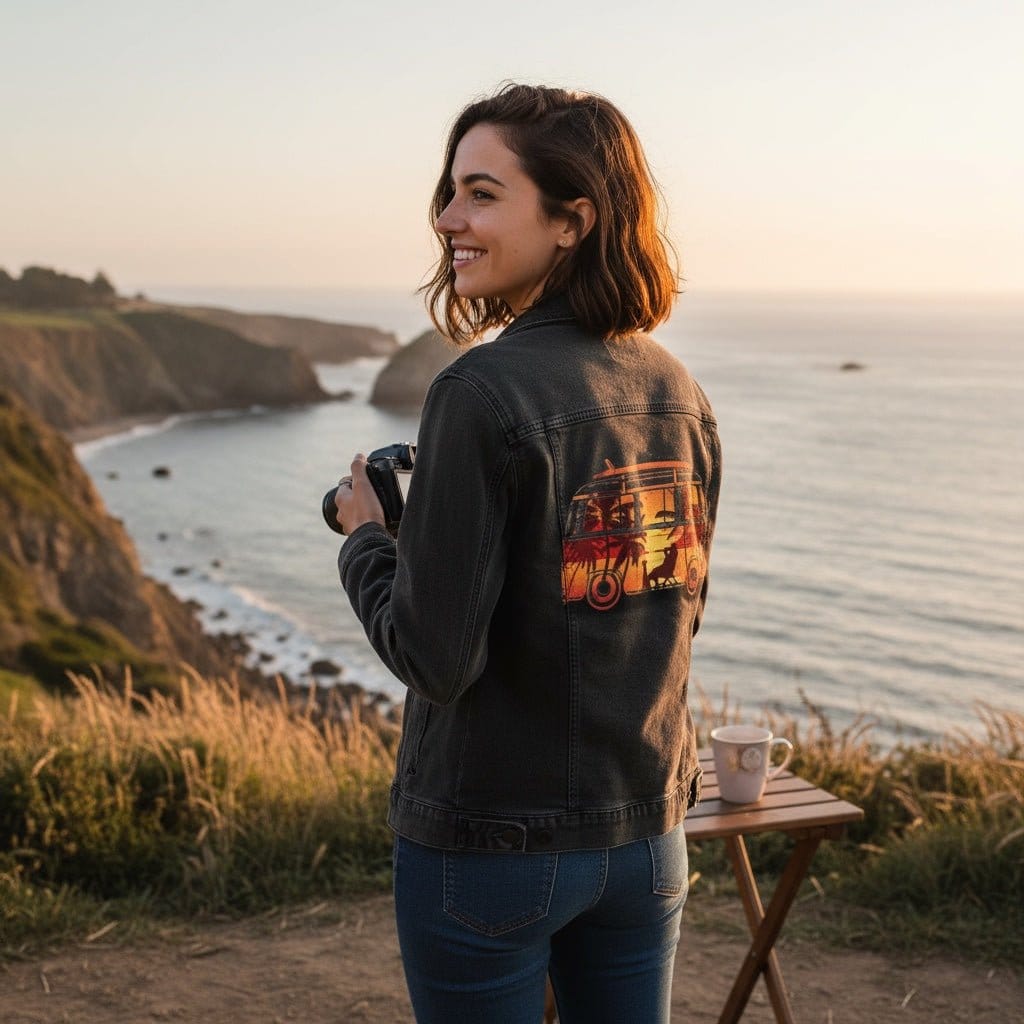 HIT THE ROAD by GRANT SHEPLEY, digitally printed on DENIM products: throw pillows, aprons, table place mats, and hand-crafted Unisex Denim Jackets in 3 color choices