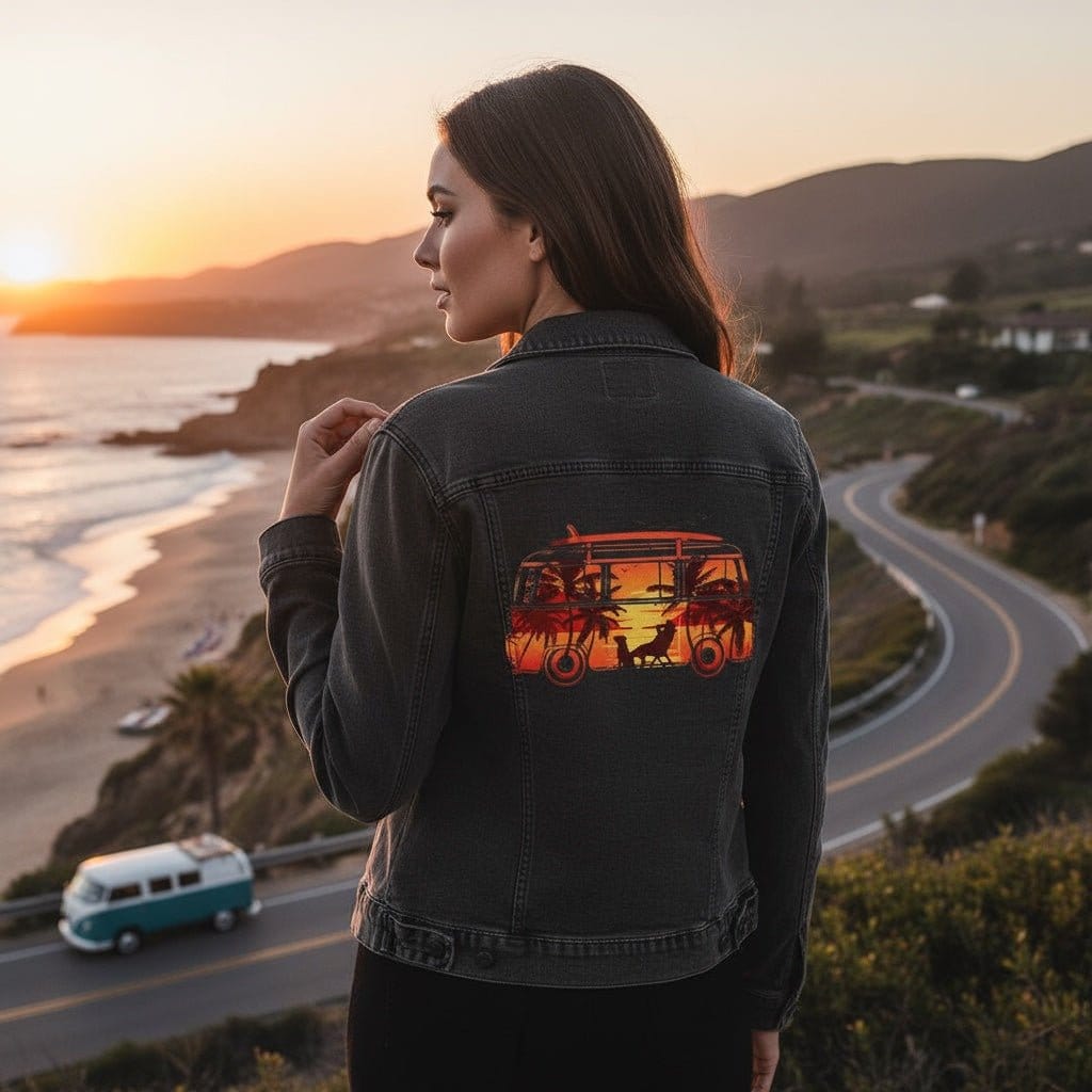 HIT THE ROAD by GRANT SHEPLEY, digitally printed on DENIM products: throw pillows, aprons, table place mats, and hand-crafted Unisex Denim Jackets in 3 color choices