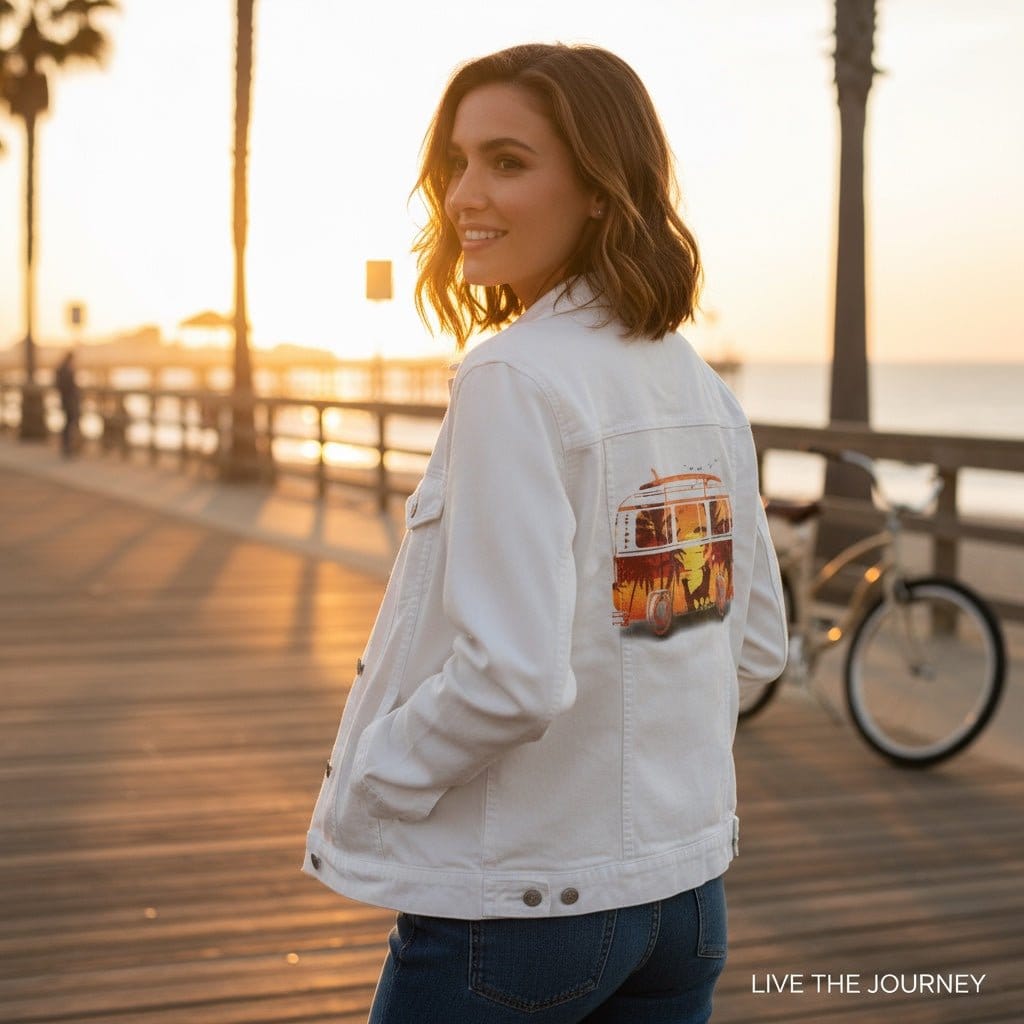 HIT THE ROAD by GRANT SHEPLEY, digitally printed on DENIM products: throw pillows, aprons, table place mats, and hand-crafted Unisex Denim Jackets in 3 color choices