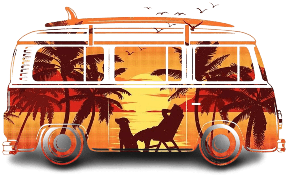 illustration of A vintage van shown in side view with a sunset scene inside its silhouette. Palm trees, birds, and an orange-to-yellow sky fill the interior, while two dogs appear as dark silhouettes near the center. One dog sits upright and the other reclines with its head tilted back. A surfboard is strapped to the roof, and the background is solid black. This artwork is titled “Hit the Road” and created by Grant Shepley