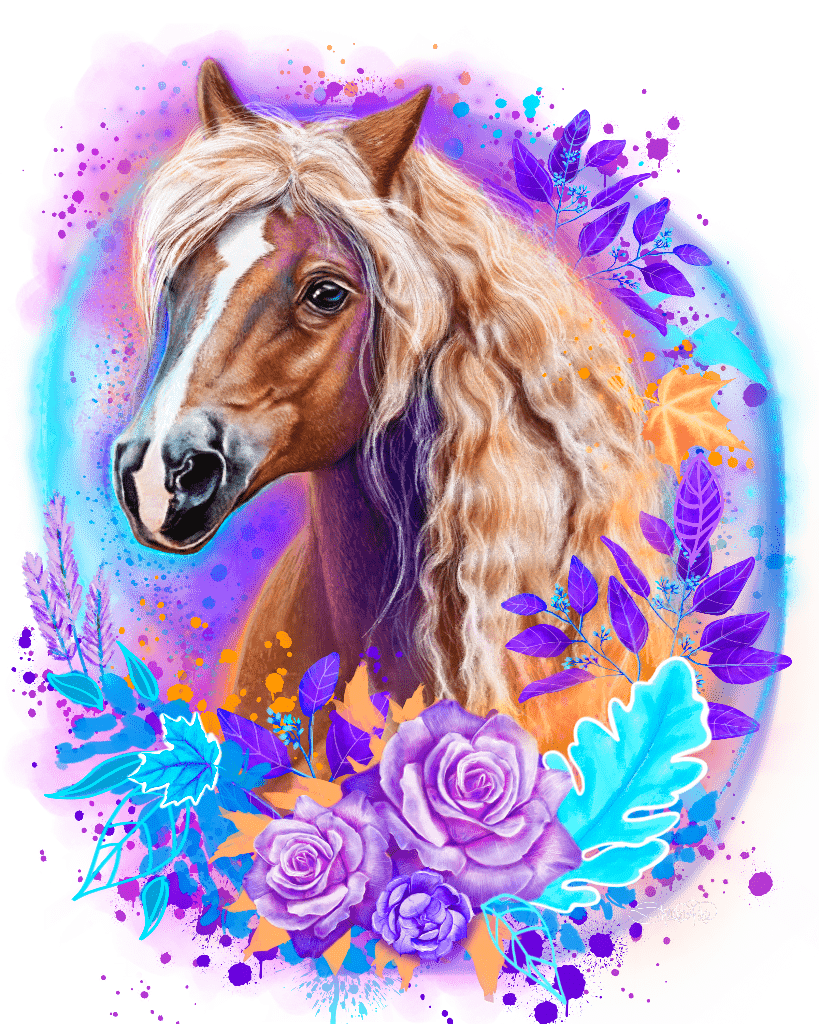 illustration of A horse shown in three-quarter profile facing left, with a chestnut brown coat and a long flowing mane in pale blonde and cream tones. a white blaze runs down the center of the horse’s face. The horse is surrounded by vivid neon splashes in turquoise, magenta, purple, and gold, layered with stylized leaves and lavender and violet roses at the bottom. The background is black, making the colors glow. this artwork is titled “Horse Spirit” and created by Sheena Pike