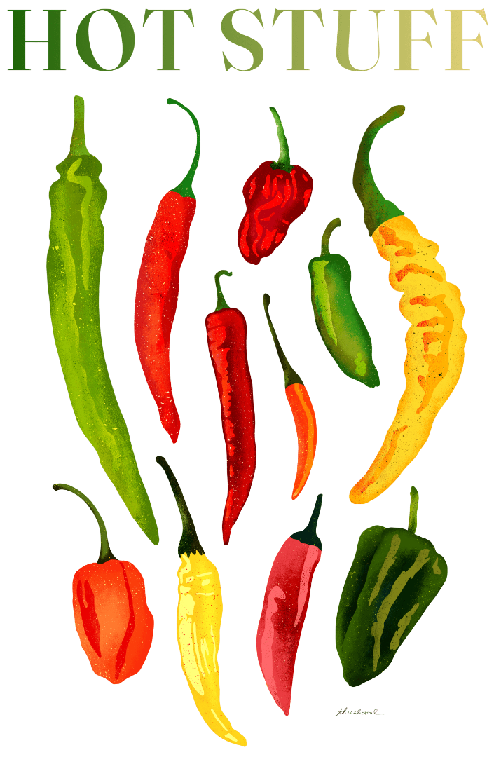 HOT STUFF by thearticsoul, printed on denim jackets and other denim products: tote bags, throw pillows, table place mats, aprons