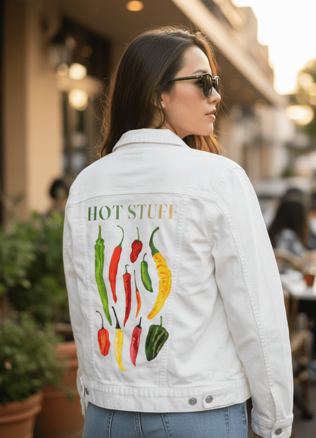 HOT STUFF by thearticsoul, printed on denim jackets and other denim products: tote bags, throw pillows, table place mats, aprons