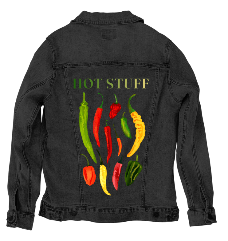 HOT STUFF by thearticsoul, printed on denim jackets and other denim products: tote bags, throw pillows, table place mats, aprons