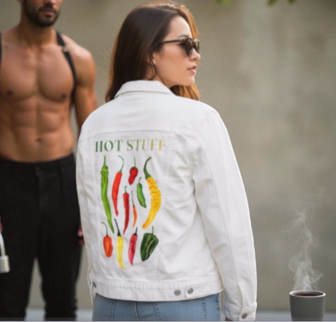 HOT STUFF by thearticsoul, printed on denim jackets and other denim products: tote bags, throw pillows, table place mats, aprons