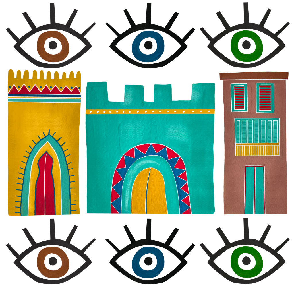 HOUSES by HEND SHEHATA, printed on denim jackets and other denim products: tote bags, throw pillows, table place mats, aprons