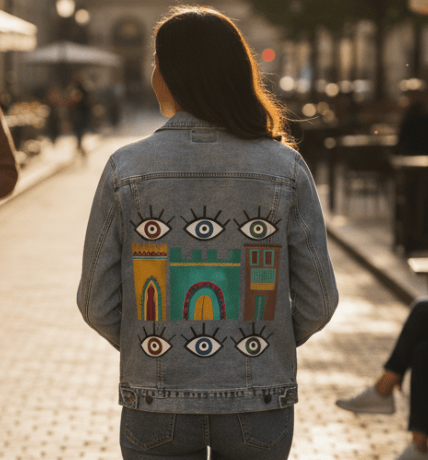 HOUSES by HEND SHEHATA, printed on denim jackets and other denim products: tote bags, throw pillows, table place mats, aprons