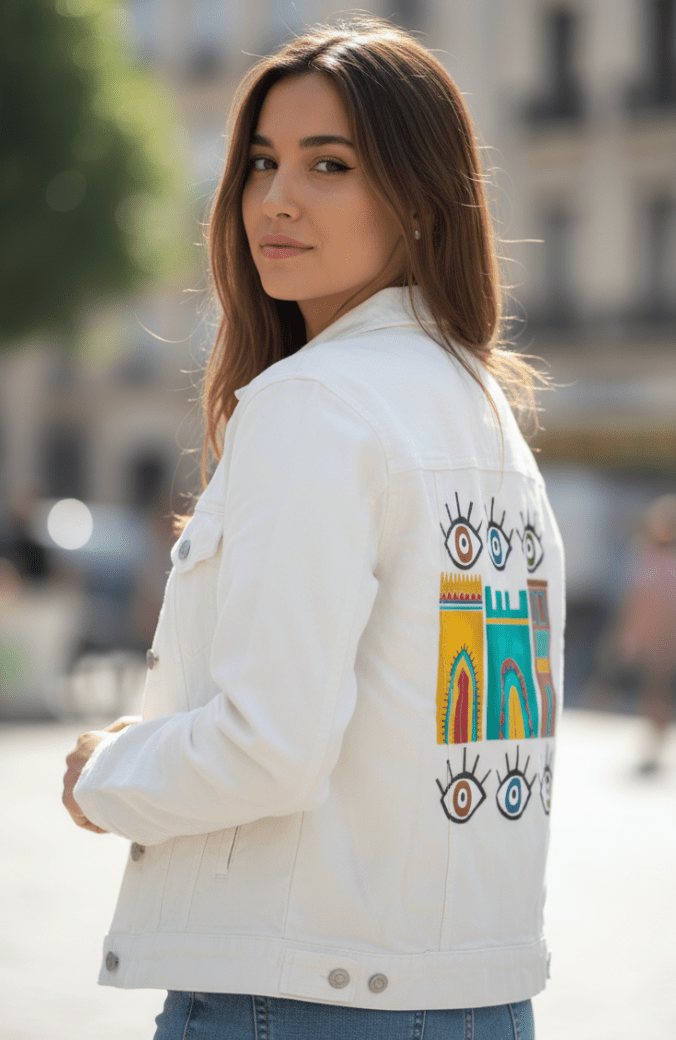 HOUSES by HEND SHEHATA, printed on denim jackets and other denim products: tote bags, throw pillows, table place mats, aprons