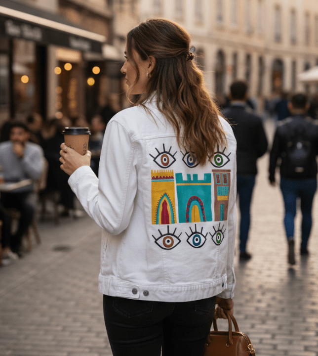 HOUSES by HEND SHEHATA, printed on denim jackets and other denim products: tote bags, throw pillows, table place mats, aprons