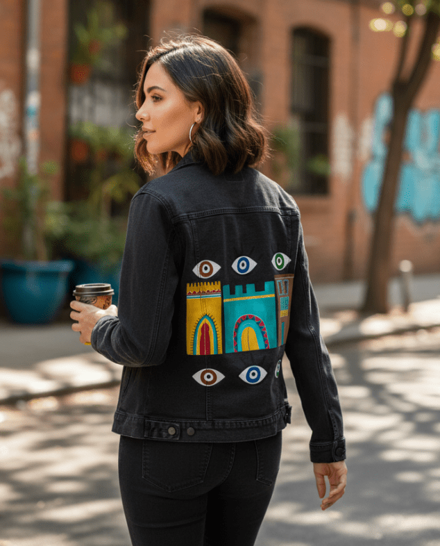 HOUSES by HEND SHEHATA, printed on denim jackets and other denim products: tote bags, throw pillows, table place mats, aprons