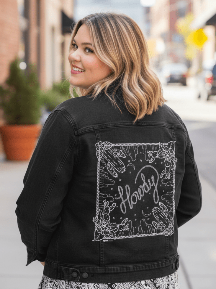 HOWDY SQUARE by KITSCH AND CURATE, printed on denim jackets and other denim products: tote bags, throw pillows, table place mats, aprons