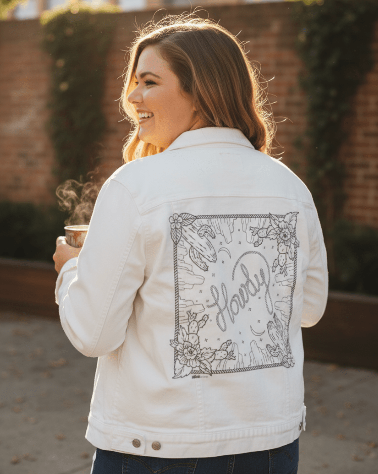 HOWDY SQUARE by KITSCH AND CURATE, printed on denim jackets and other denim products: tote bags, throw pillows, table place mats, aprons