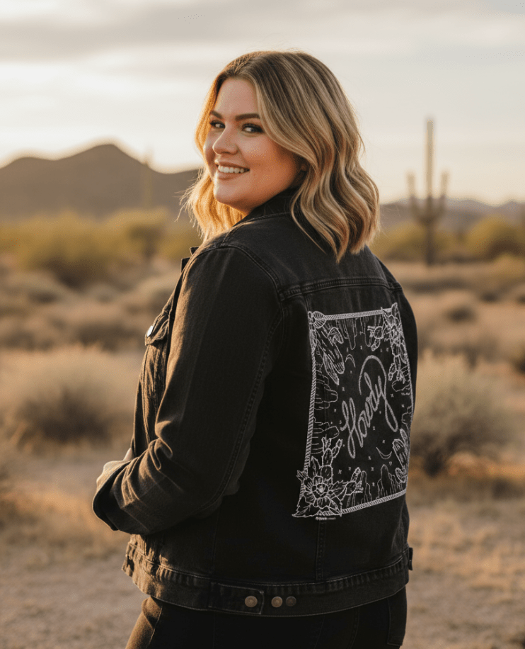 HOWDY SQUARE by KITSCH AND CURATE, printed on denim jackets and other denim products: tote bags, throw pillows, table place mats, aprons