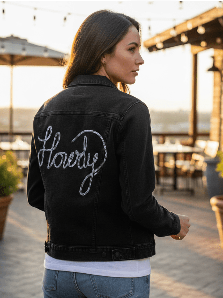 HOWDY TEXT by KITSCH AND CURATE, printed on denim jackets and other denim products: tote bags, throw pillows, table place mats, aprons