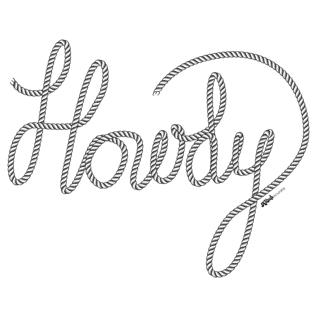 HOWDY TEXT by KITSCH AND CURATE, printed on denim jackets and other denim products: tote bags, throw pillows, table place mats, aprons