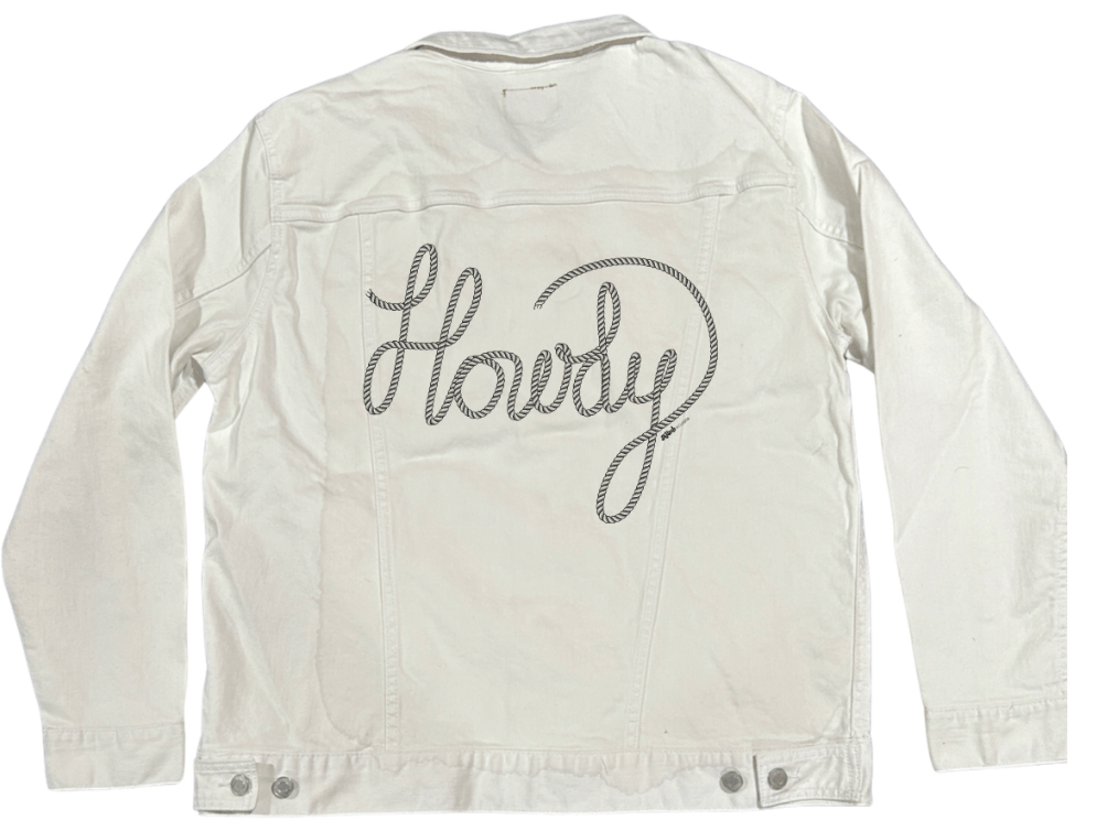 HOWDY TEXT by KITSCH AND CURATE, printed on denim jackets and other denim products: tote bags, throw pillows, table place mats, aprons