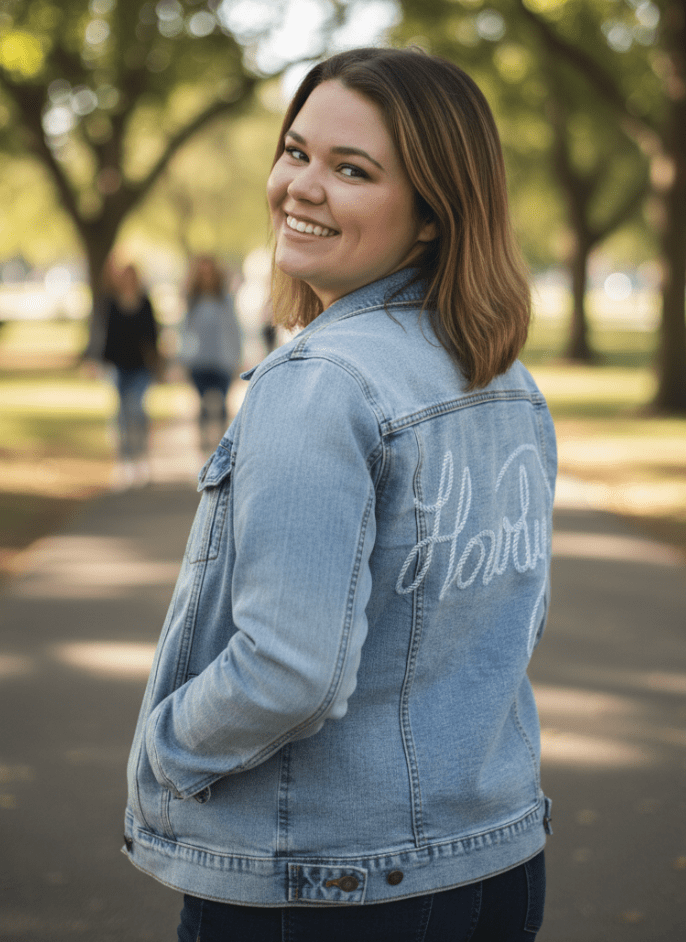 HOWDY TEXT by KITSCH AND CURATE, printed on denim jackets and other denim products: tote bags, throw pillows, table place mats, aprons