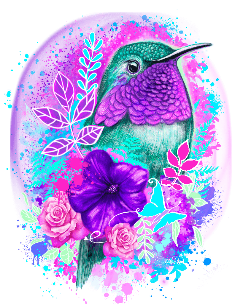 illustration of A hummingbird shown in side profile facing right, with an emerald green head, iridescent purple throat, and teal-green body. The bird has a long slender beak and a glossy black eye. it is framed within a glowing oval aura of magenta and violet, surrounded by neon paint splashes in pink, blue, and turquoise. Stylized botanical leaves, a large deep purple flower, pink roses, and a small blue butterfly cluster around the lower half. This artwork is titled “Hummingbird Spirit” by Sheena Pike.