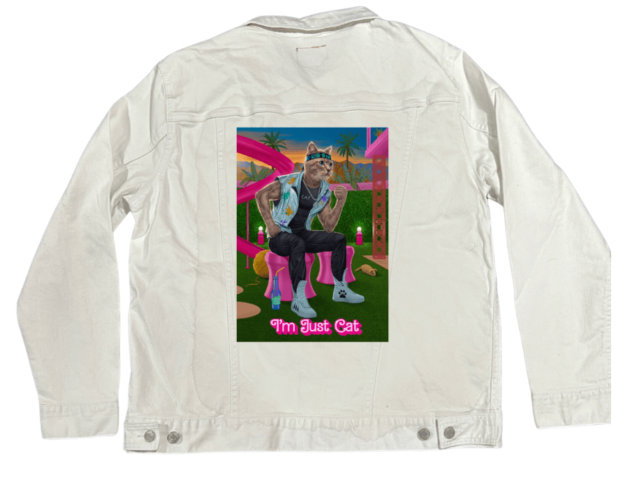 I'M JUST CAT by VINCENT HIE, printed on denim jackets and other denim products: tote bags, throw pillows, table place mats, aprons