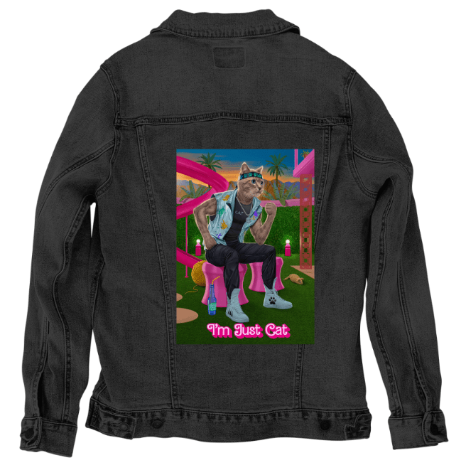 I'M JUST CAT by VINCENT HIE, printed on denim jackets and other denim products: tote bags, throw pillows, table place mats, aprons