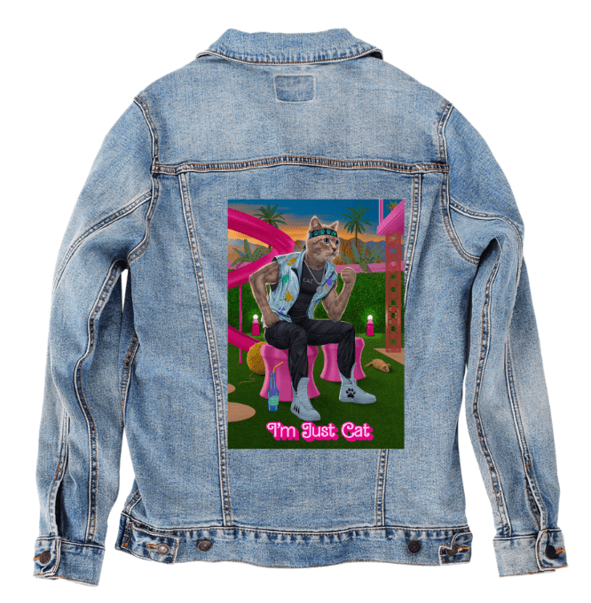 I'M JUST CAT by VINCENT HIE, printed on denim jackets and other denim products: tote bags, throw pillows, table place mats, aprons