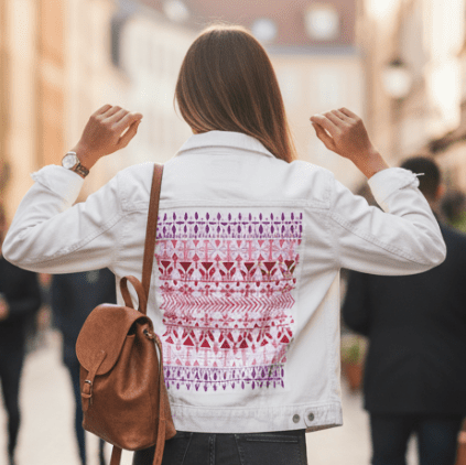 rear view of a model walking along a European-style pedestrian street, raising both arms playfully. they wear a white denim jacket printed with the “Norwegian Pattern” by CatCoq, featuring stacked folk shapes in a pink, coral &amp; purple ombré. the design appears like a block-print, centered on the back panel. the model carries a brown leather backpack &amp; wears dark jeans. printed by DenimINK.