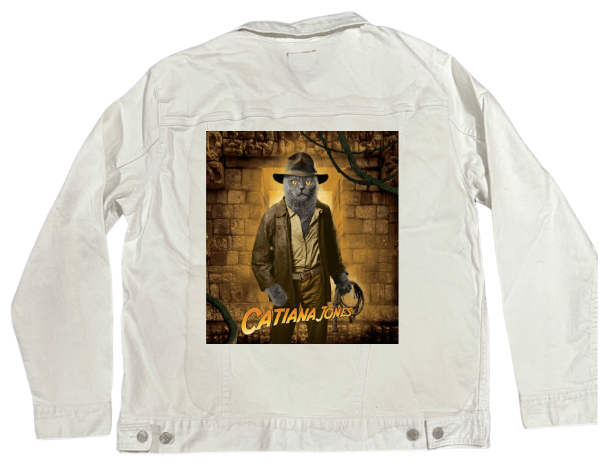 INDIANA JONES CAT by VINCENT HIE, printed on denim jackets and other denim products: tote bags, throw pillows, table place mats, aprons