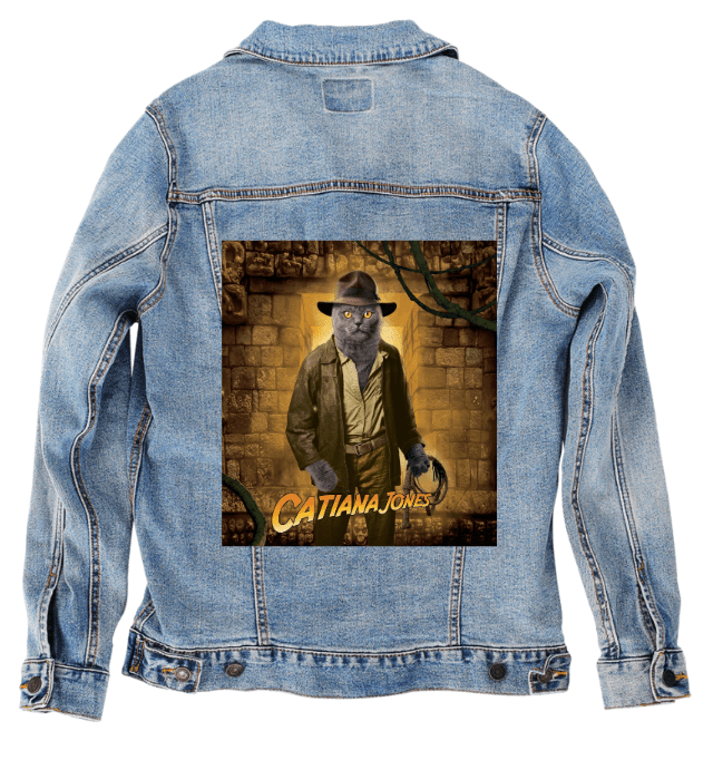 INDIANA JONES CAT by VINCENT HIE, printed on denim jackets and other denim products: tote bags, throw pillows, table place mats, aprons