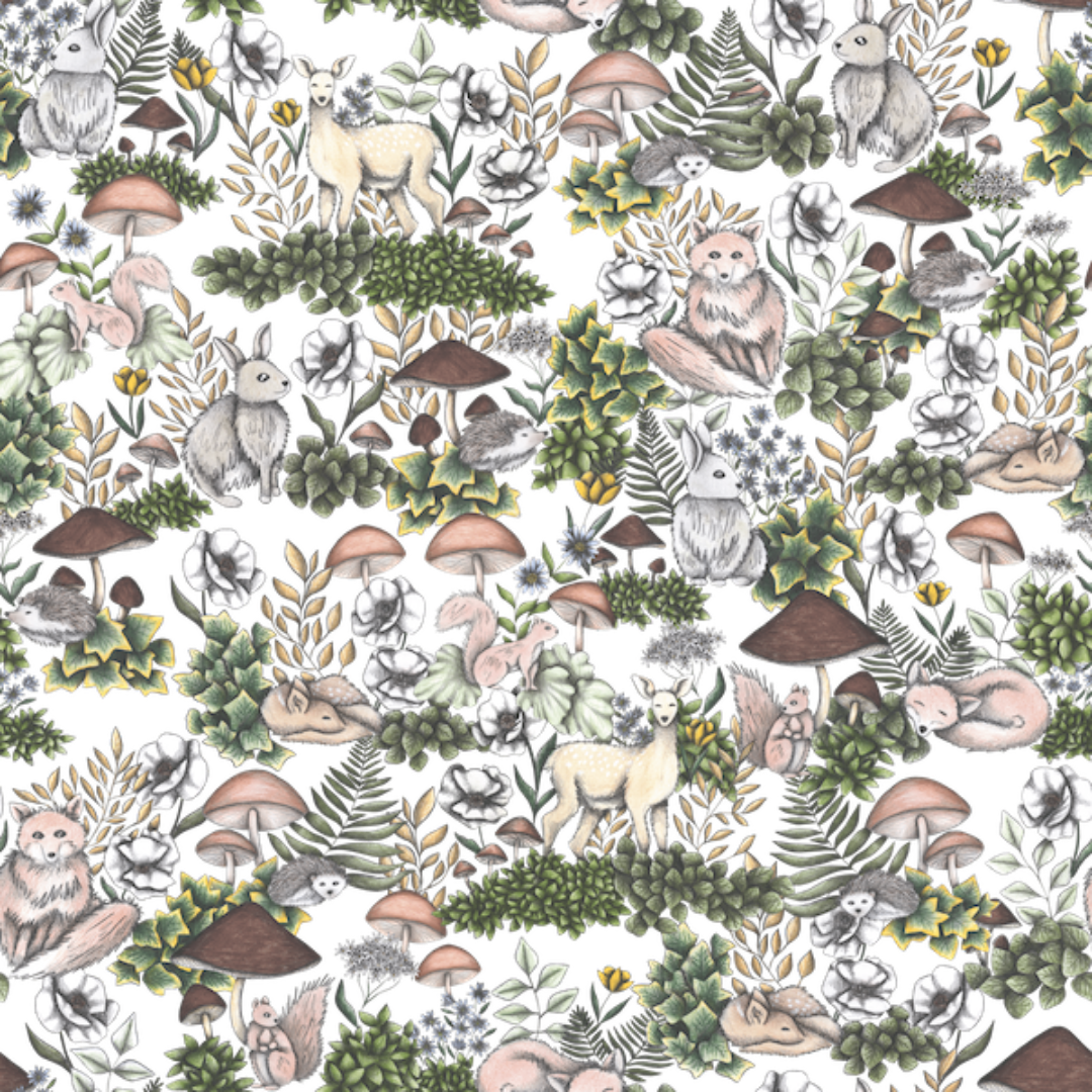 illustration of a densely woven forest scene filled with softly rendered woodland animals, hand-drawn mushrooms, flowering plants & layers of mossy undergrowth. nestled among the foliage are white-tailed deer, rabbits, owls, squirrels & hedgehogs, each illustrated with fine pencil textures & muted watercolor shading. earthy greens, dusty browns, pale ivory & washed slate form a palette that feels like dusk on the forest floor. "INTO THE WOODS" by Cecilia Battaini, printed by DenimINK