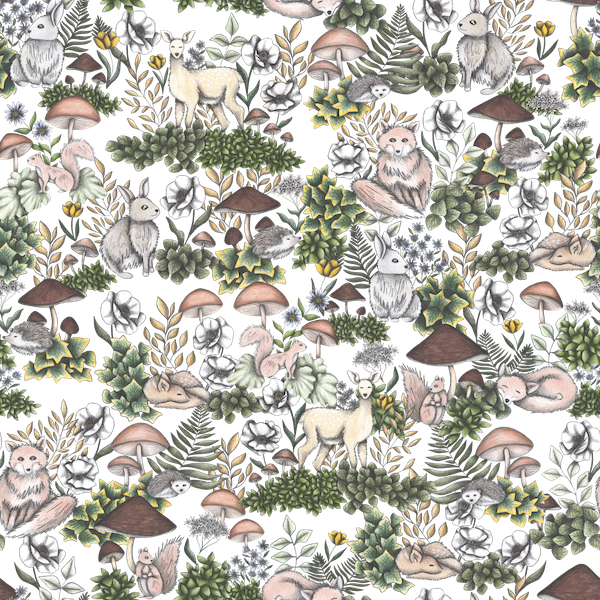 illustration of a densely woven forest scene filled with softly rendered woodland animals, hand-drawn mushrooms, flowering plants &amp; layers of mossy undergrowth. nestled among the foliage are white-tailed deer, rabbits, owls, squirrels &amp; hedgehogs, each illustrated with fine pencil textures &amp; muted watercolor shading. earthy greens, dusty browns, pale ivory &amp; washed slate form a palette that feels like dusk on the forest floor. &quot;INTO THE WOODS&quot; by Cecilia Battaini, printed by DenimINK