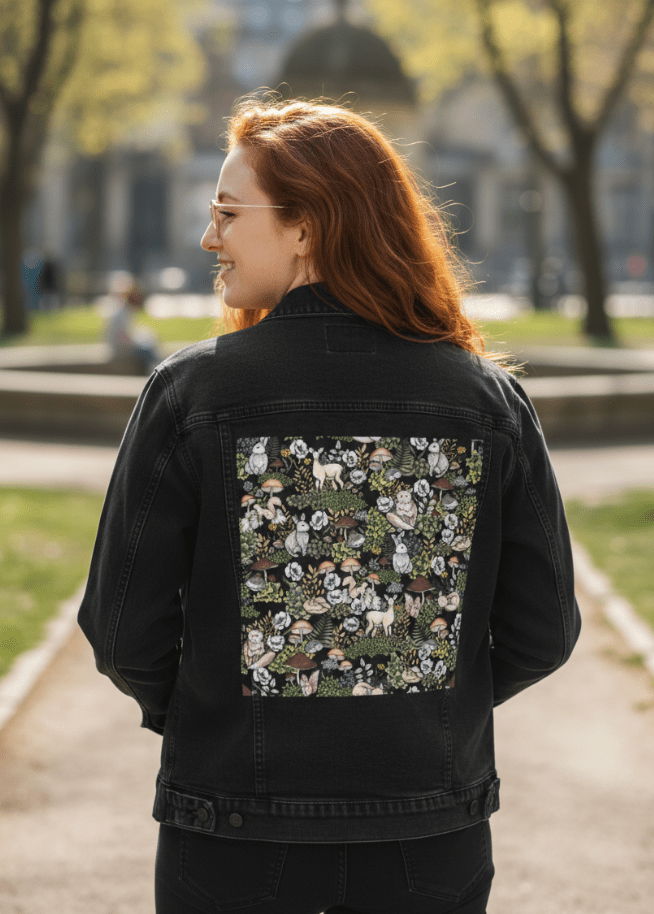 back view of a model walking through a sunlit city park wearing a black denim jacket printed with a repeating forest scene. the artwork “INTO THE WOODS” by Cecilia Battaini features softly illustrated woodland animals—deer, rabbits, owls & hedgehogs—surrounded by mushrooms, ferns & wildflowers in muted greens, browns & cream. the design is digitally printed on the jacket’s back panel by DenimINK.