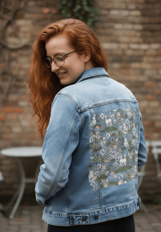 back view of a model smiling over their shoulder while standing near a weathered brick wall wearing a stonewashed denim jacket printed with a forest animal pattern. the artwork “INTO THE WOODS” by Cecilia Battaini shows rabbits, deer, owls, hedgehogs &amp; squirrels tucked among hand-drawn mushrooms, soft moss &amp; pale woodland flowers in subtle earth tones. the design is digitally printed on the jacket’s back panel by DenimINK.