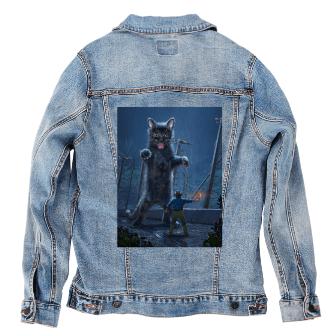 JURASSIC KITTY by VINCENT HIE, printed on denim jackets and other denim products: tote bags, throw pillows, table place mats, aprons