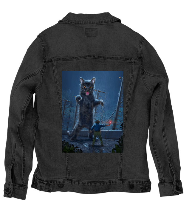 JURASSIC KITTY by VINCENT HIE, printed on denim jackets and other denim products: tote bags, throw pillows, table place mats, aprons