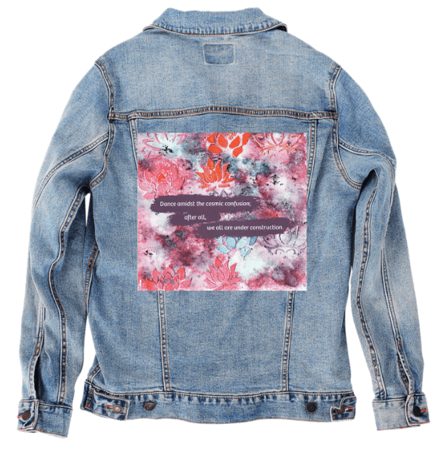 JUST DANCE by CANVAS and QUOTATIONS,printed by DenimINK on hand - crafted Denim Jackets and other denim products and other denim products: tote bags, throw pillows, table place mats, aprons custom denim jacket by DenimINK