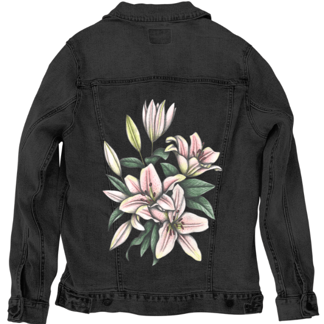 back view of a black denim jacket featuring a centered print of pale pink lilies with lime-tinged petals, curved white stamens &amp; dense green foliage. the high contrast between the soft botanical illustration and the dark jacket creates a bold, striking visual. the artwork “Pink Lilies” by Cecilia Battaini is digitally printed on the jacket’s back panel by DenimINK.