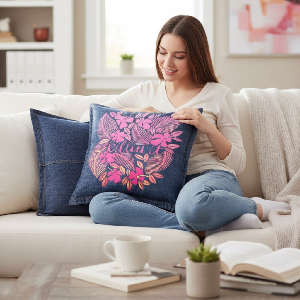 Woman sitting on a couch holding a decorative pillow with a floral design.  killin-it-by-CatCoq-denim-throw-pillow-lifestyle-shot