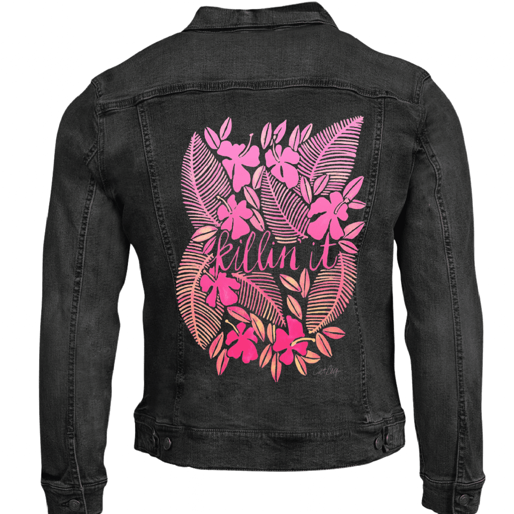 Black denim jacket with pink floral design and 'Killin' It' text on the back.  killin-it-catcoq-denim-jacket-black-mockup