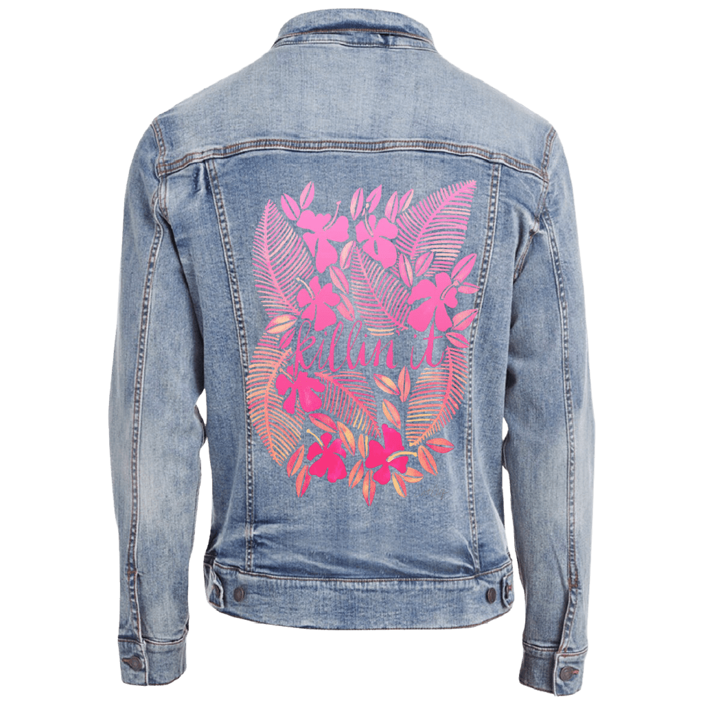 stonewashed Denim jacket with pink floral design. killin-it-catcoq-denim-jacket-stonewash-mockup