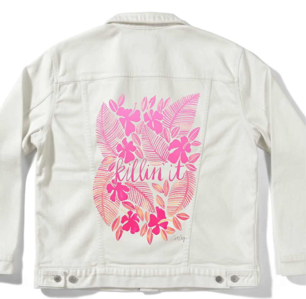 White denim jacket with pink floral design and 'killin' it' text on a white background.  killin-it-catcoq-denim_jacket_white-mockup