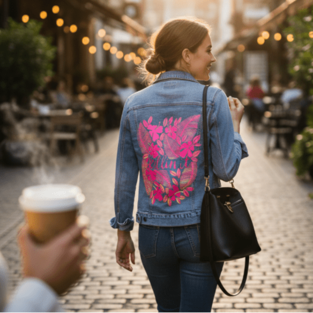 rear view of a model walking along a string-light-lined cobblestone street, wearing a stonewashed denim jacket printed with the “Killin’ It” artwork by CatCoq. the design shows vivid pink &amp; orange tropical leaves &amp; flowers surrounding hand-lettered script. the model carries a black leather bag &amp; smiles as café lights glow warmly behind her. printed by DenimINK.