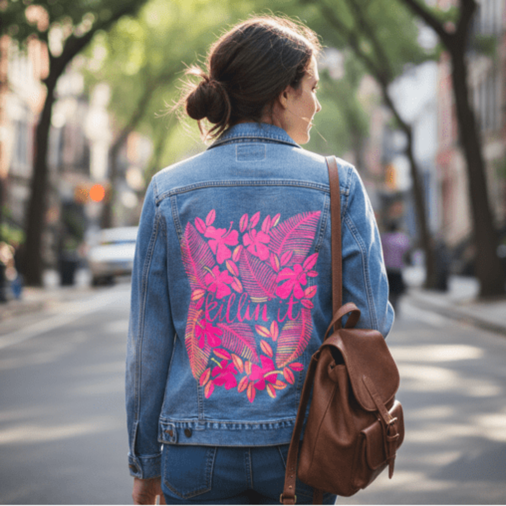 rear view of a model walking down a quiet, tree-lined city street in a light denim jacket printed with the “Killin’ It” design by CatCoq. the back panel shows hand-lettered script surrounded by overlapping pink floral clusters &amp; ferns. the model wears jeans &amp; a brown leather backpack. leafy trees arch overhead, filtering late morning sunlight onto the calm road. printed by DenimINK.