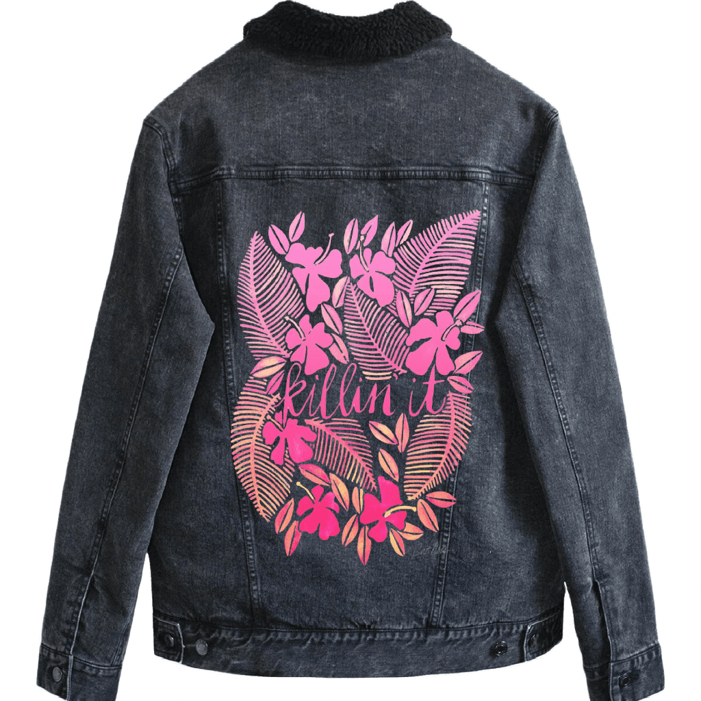 Black denim jacket with pink floral design and 'Killin' it' text on the back.  killin-it-catcoq-sherpa-lined-denim-jacket-black-mockup