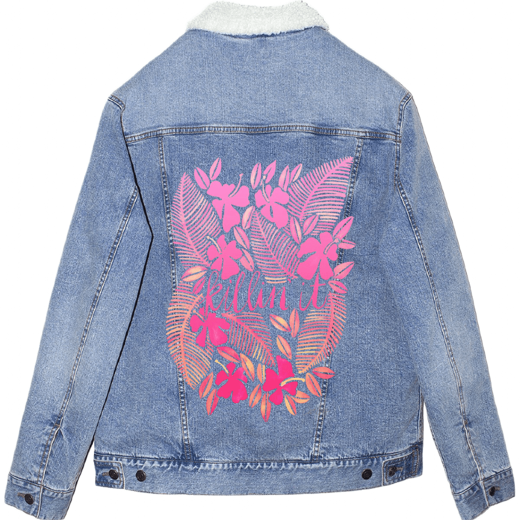 sherpa-lined Stonewashed denim jacket with pink floral design. killin-it-catcoq-sherpa-lined-jacket-stonewash-mockup
