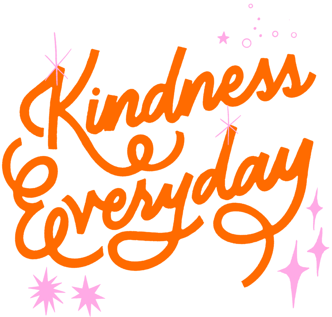 illustration of The hand-lettered phrase “Kindness Everyday” written in large flowing orange script on a black background. The lettering features thick, rounded strokes with looping curves and extended tails. Small pink starbursts, sparkles, dots, and circular accents are scattered around the words, adding decorative highlights. This artwork is titled “Kindness Everyday” and created by INDYSIGN